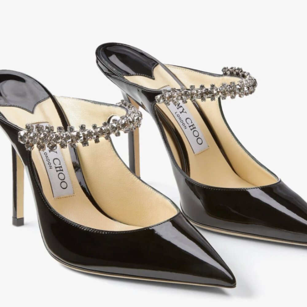 NIB JIMMY CHOO BING 100 BLACK PATENT LEATHER MULES WITH CRYSTAL STRAP  - 36.5